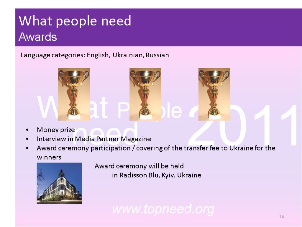 What people need Awards Language categories: English, Ukrainian, Russian Money prize Interview in Media